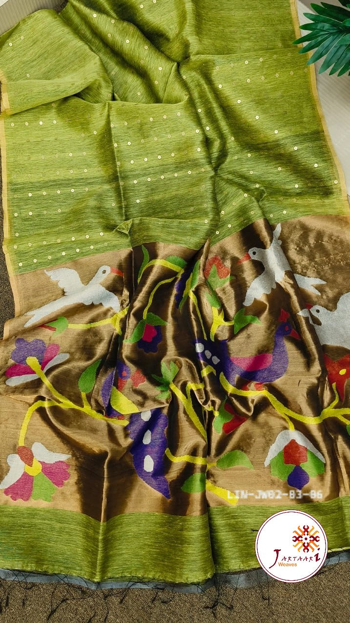 Silk-linen handloom saree with sequin weaving and Paithani pallu