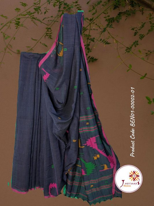 Handloom Linen Saree BEN01-00002-01-BLU