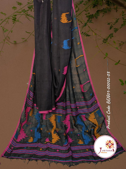 Handloom Linen Saree BEN01-00002-03-BLK