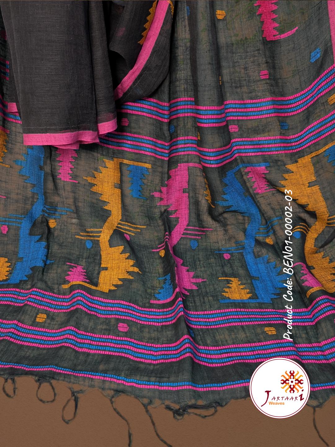 Handloom Linen Saree BEN01-00002-03-BLK
