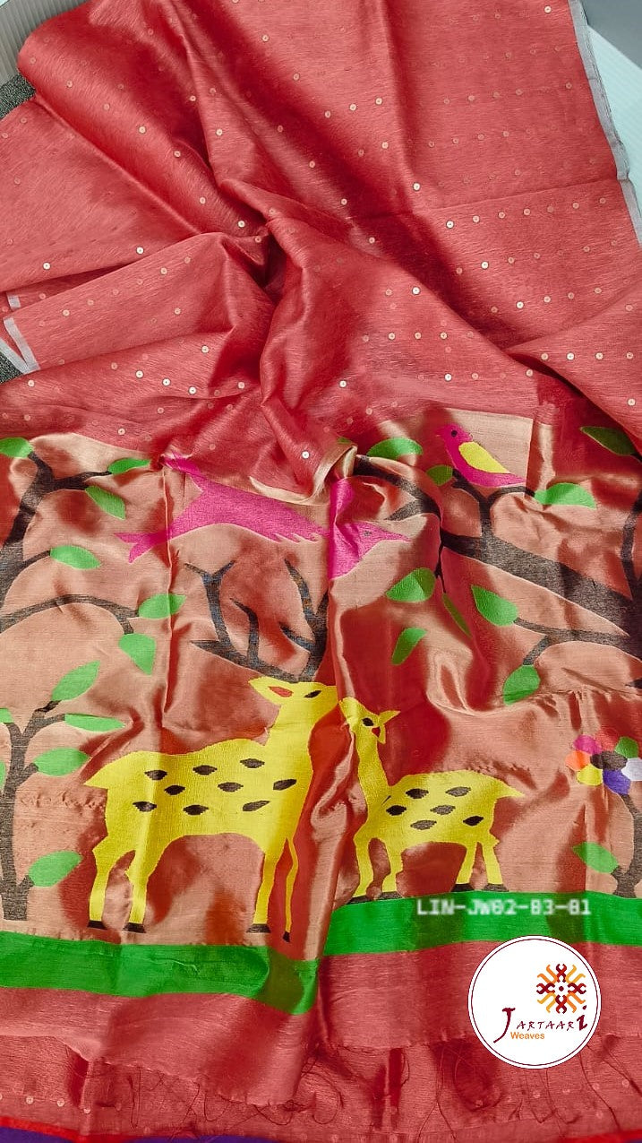Silk-linen handloom saree with sequin weaving and Paithani pallu