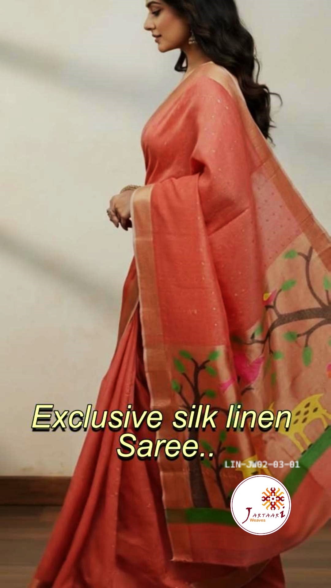 Silk-linen handloom saree with sequin weaving and Paithani pallu