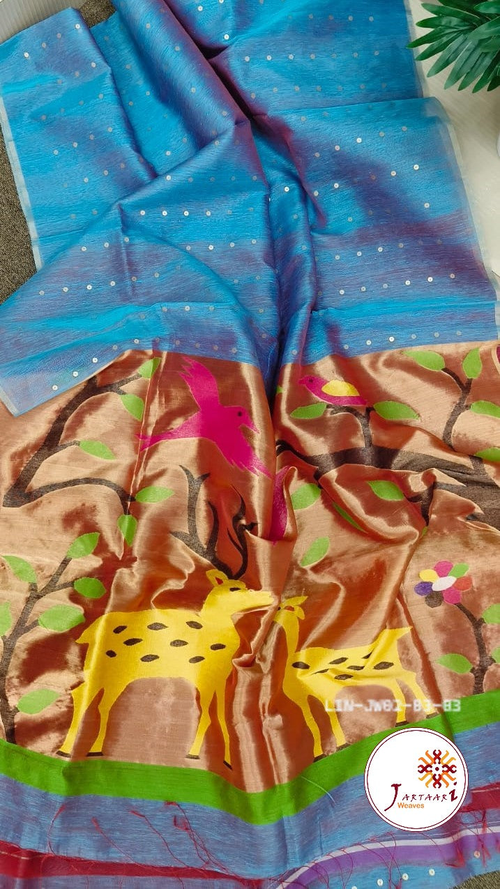 Silk-linen handloom saree with sequin weaving and Paithani pallu