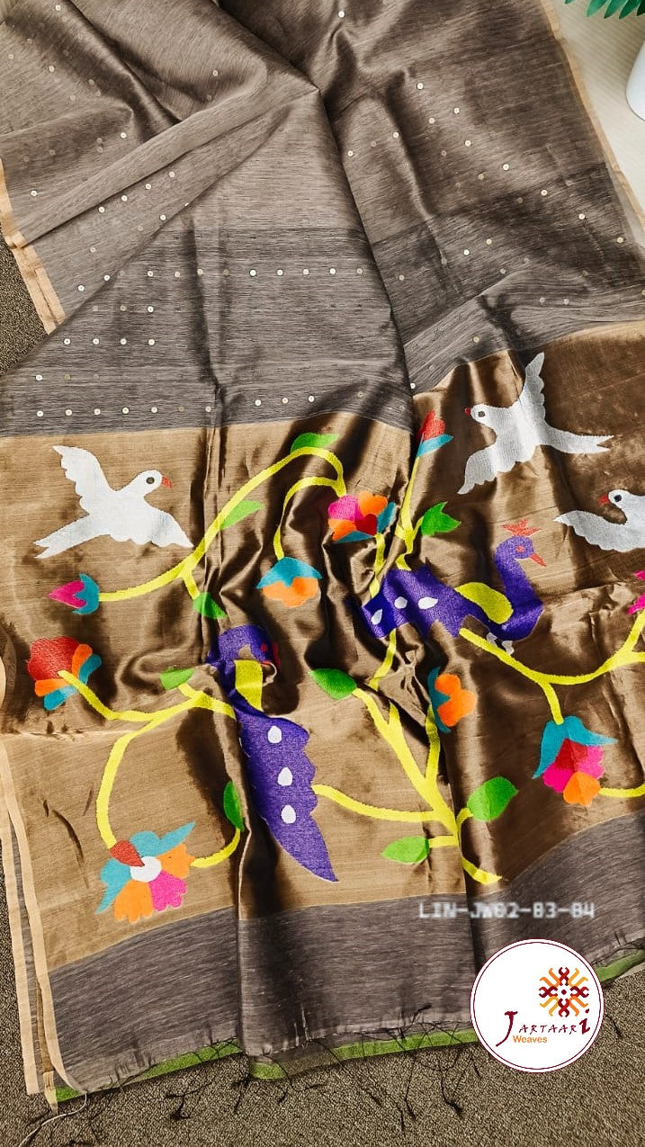 Silk-linen handloom saree with sequin weaving and Paithani pallu