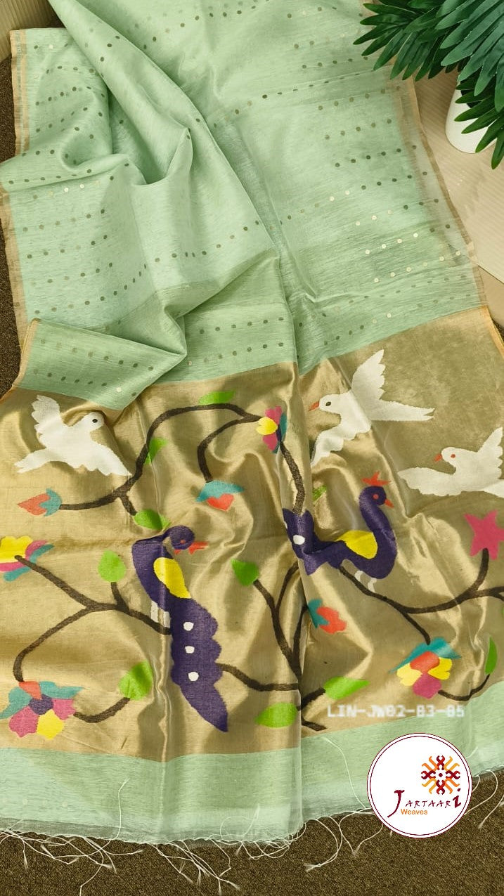 Silk-linen handloom saree with sequin weaving and Paithani pallu