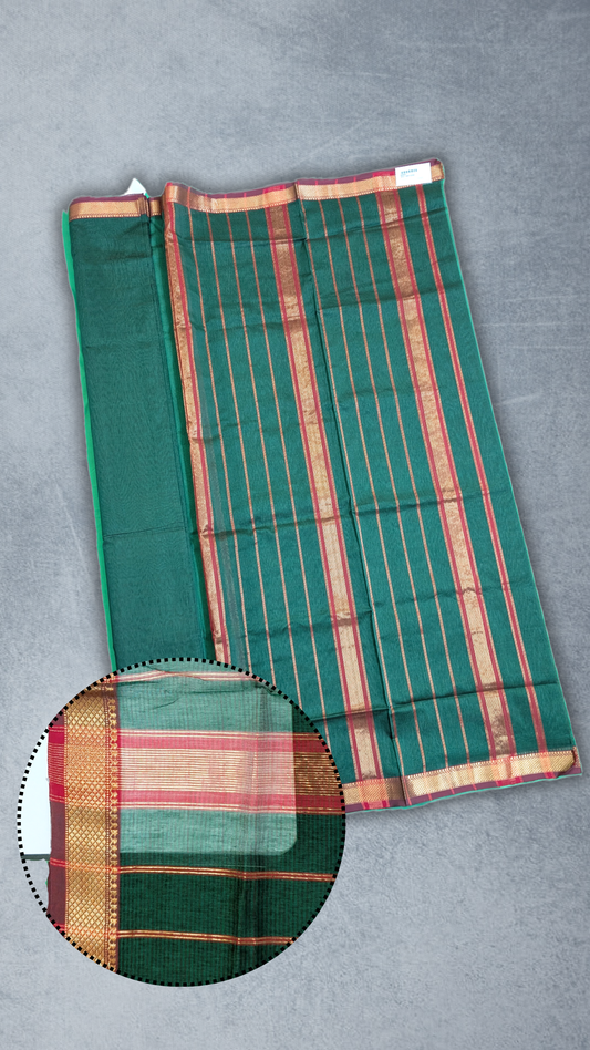Maheshwari Handloom Saree with traditional pallu and border - green - MAH01-00001-02