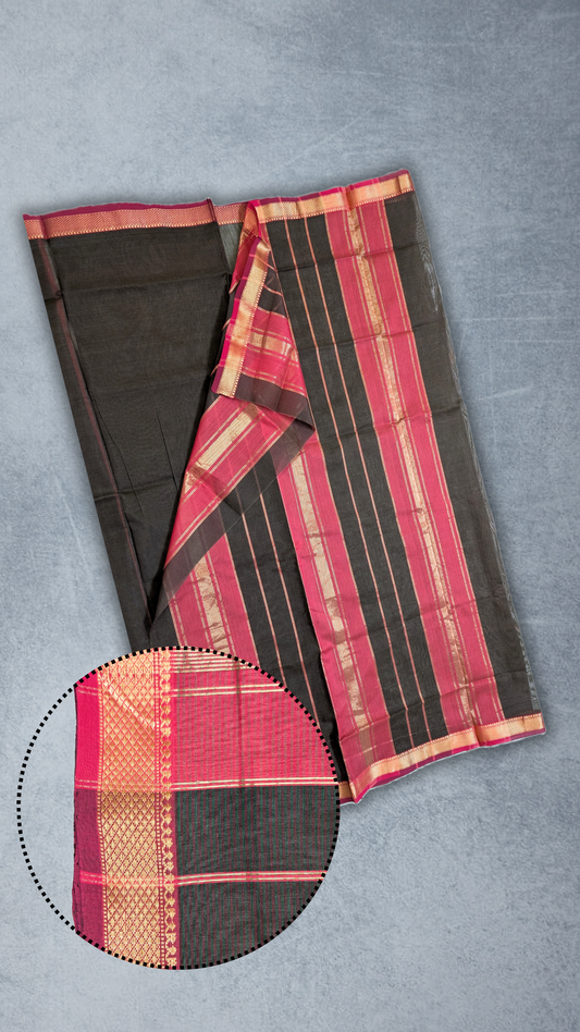 Handloom Saree with traditional pallu and border - Coffee - MAH01-00002-01