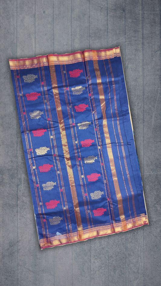 Handloom Saree with heavy pallu and designer border - blue -MAH01-00006-02