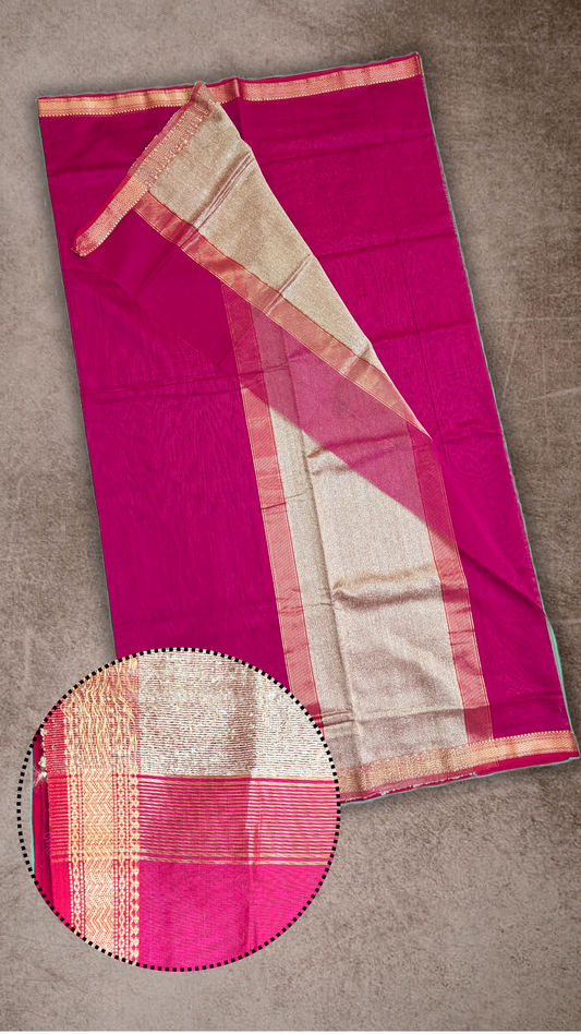 Maheshwari Handloom saree with Jute Pallu and Narmada Leher border-Magenta - MAH01-00021-06