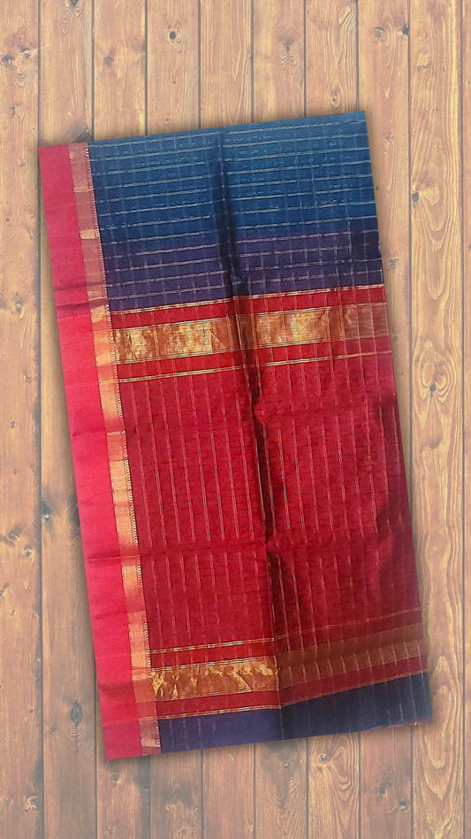Maheshwari Handloom saree with Contrast border and pallu with all over jari checks - blue - MAH01-00051-01