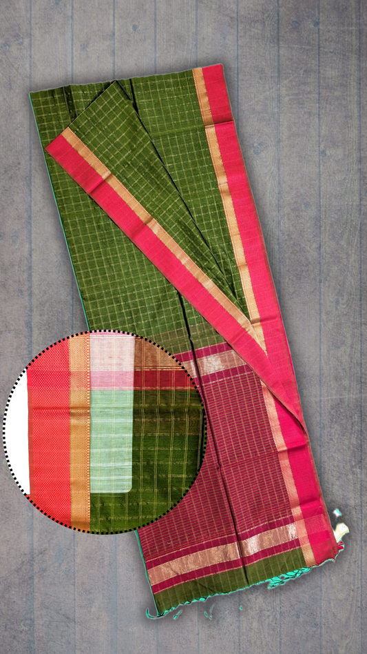 Maheshwari Handloom saree with Contrast border and pallu with all over jari checks - green - MAH01-00051-02