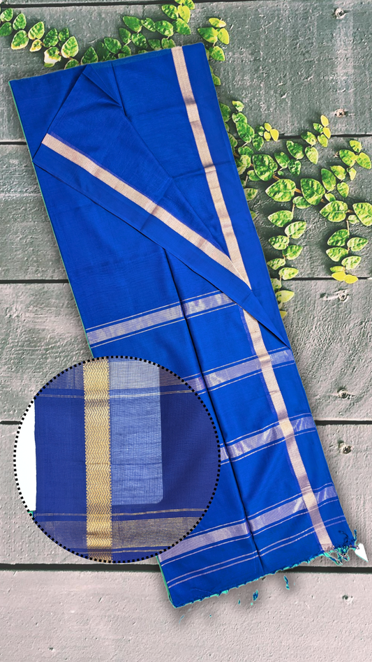 Maheshwari saree in single tone with unique combination Narmada Leher Border.- blue - MAH01-00113-04