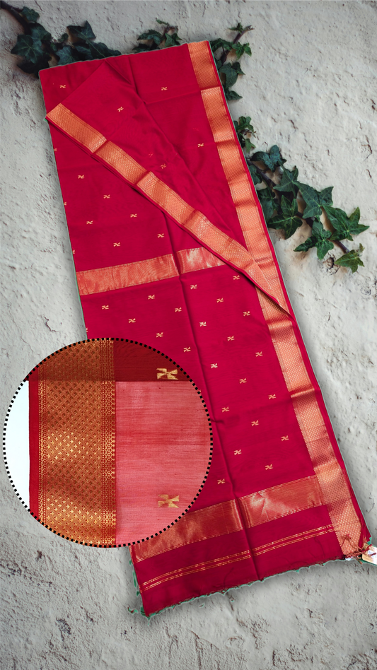 Handloom Saree with heavy pallu and wide border and all over butti- Red - MAH01-00123-01