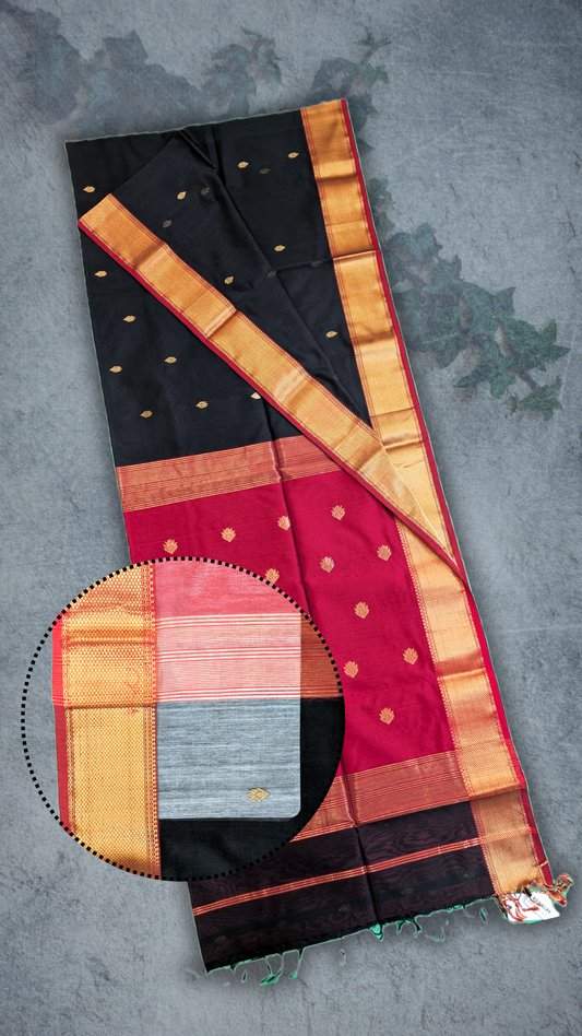 Handloom Saree with heavy pallu and wide border and all over butti- Black - MAH01-00257-01
