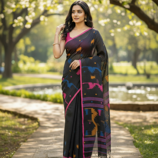 Handloom Linen Saree BEN01-00002-03-BLK