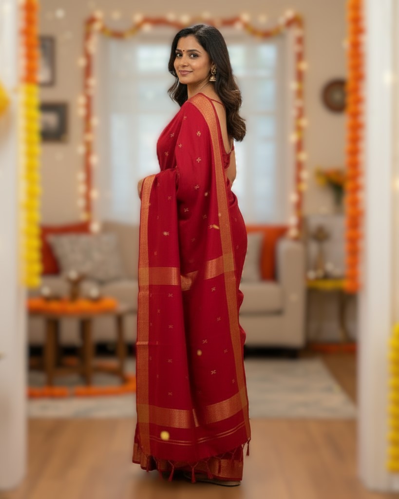 Maheshwari Handloom Saree - Red - MAH01-00123-01