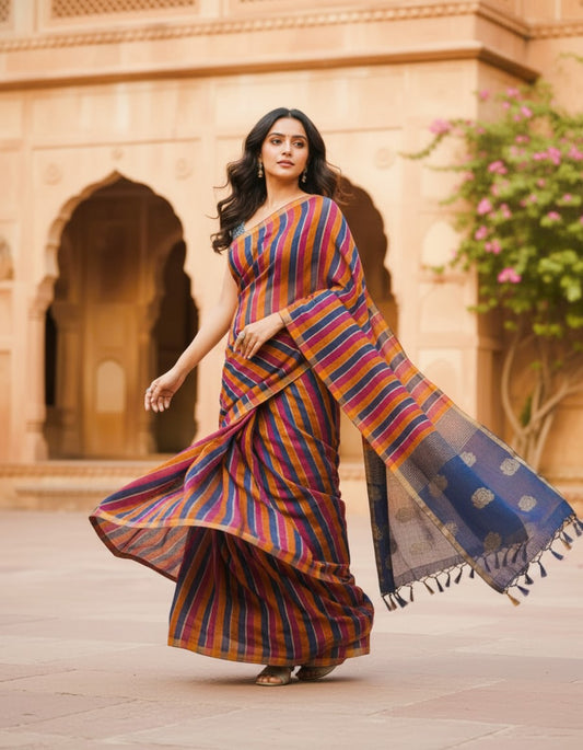 Handloom Linen Saree BEN01-00004-01-BLU