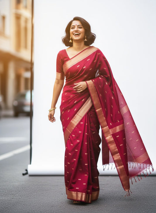 Maheshwari Handloom Saree - red - MAH01-00063-01