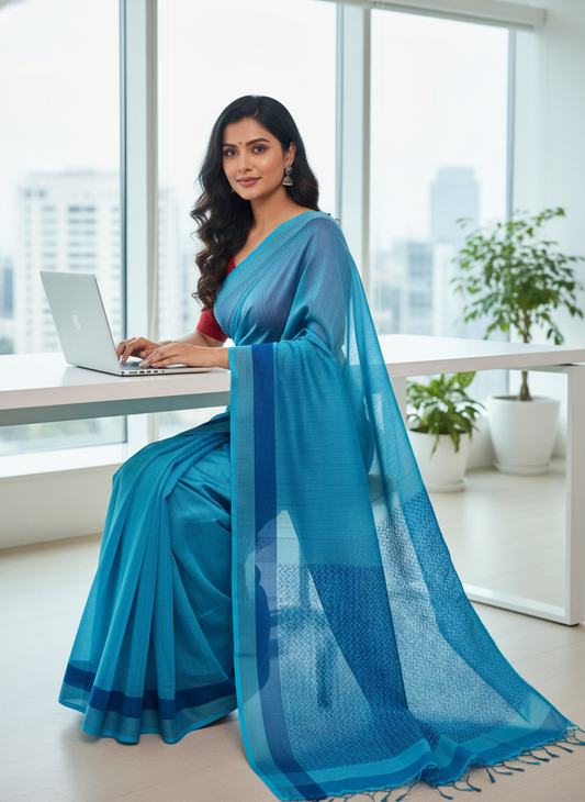 Maheshwari Handloom saree-MAH01-00078-01-SKY