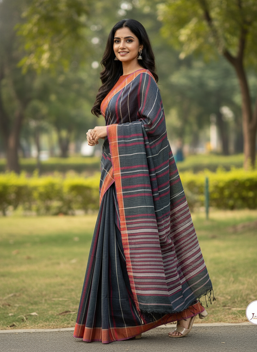 Handloom Linen Saree BEN01-00003-01-GRY