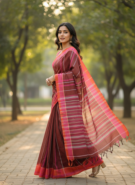 Handloom Linen Saree BEN01-00003-02-BWN