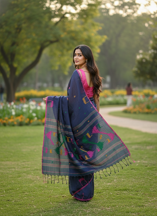 Handloom Linen Saree BEN01-00002-01-BLU