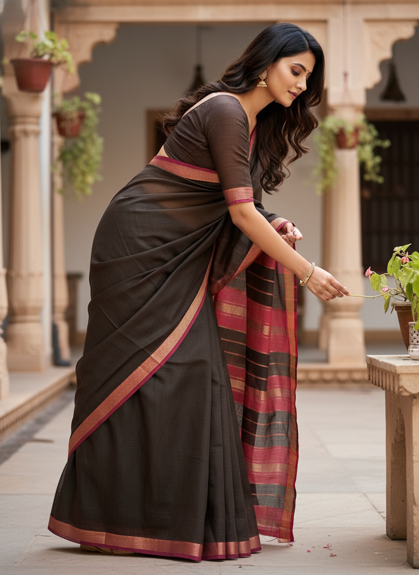 Maheshwari Handloom Saree - Coffee - MAH01-00002-01
