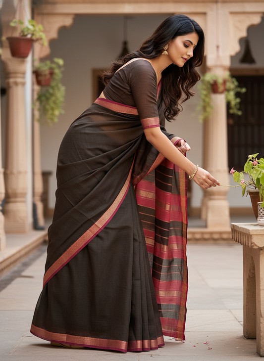 Maheshwari Handloom Saree - Coffee - MAH01-00002-01
