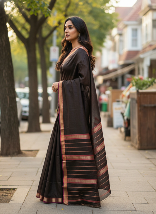 Maheshwari Handloom Saree - coffee - MAH01-00001-03