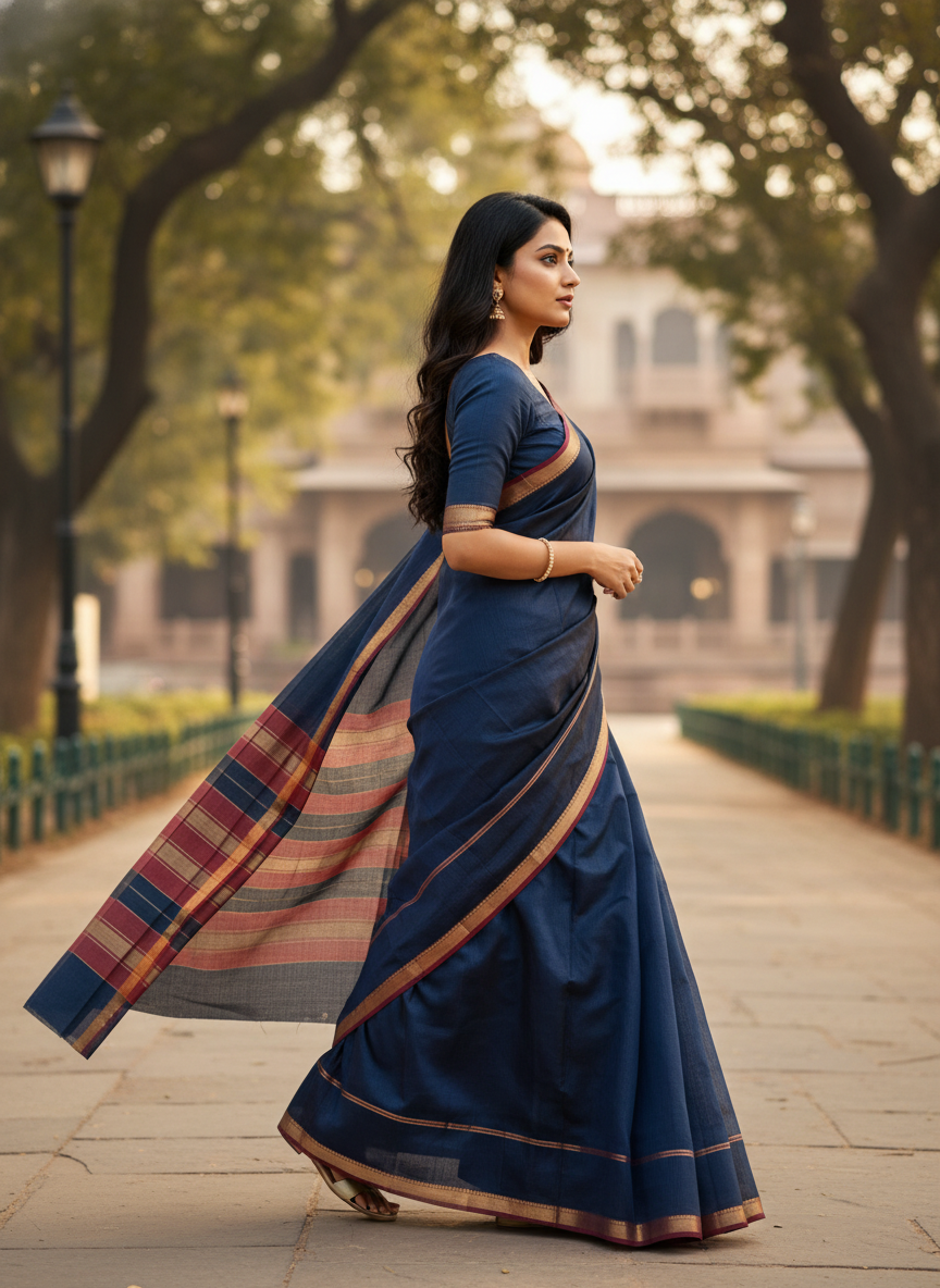 Maheshwari Handloom Saree - Navy - MAH01-00002-02
