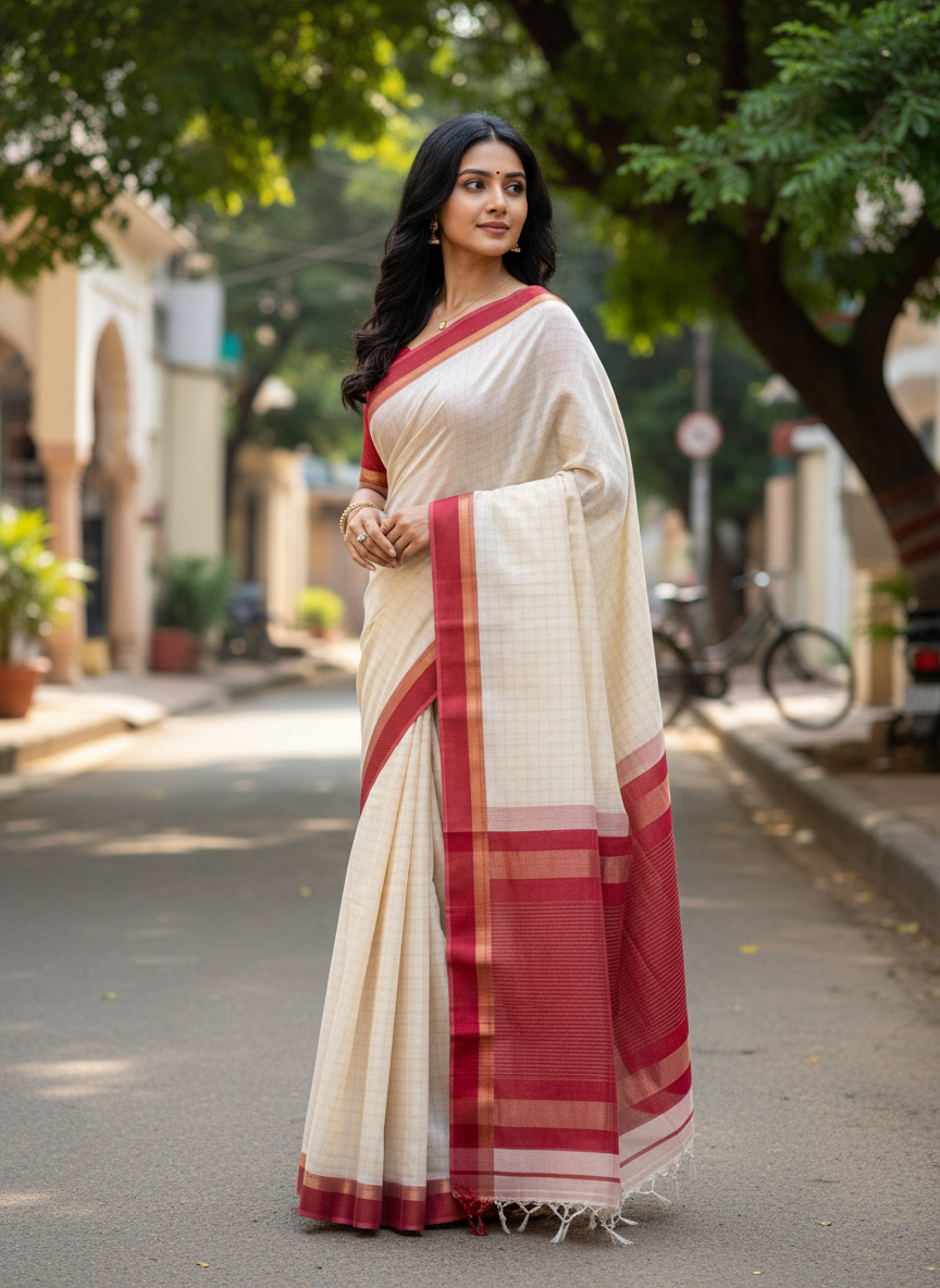 Maheshwari Handloom saree - white - MAH01-00051-03