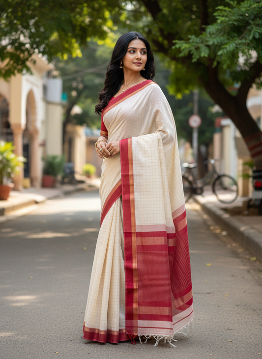 Maheshwari Handloom saree - white - MAH01-00051-03