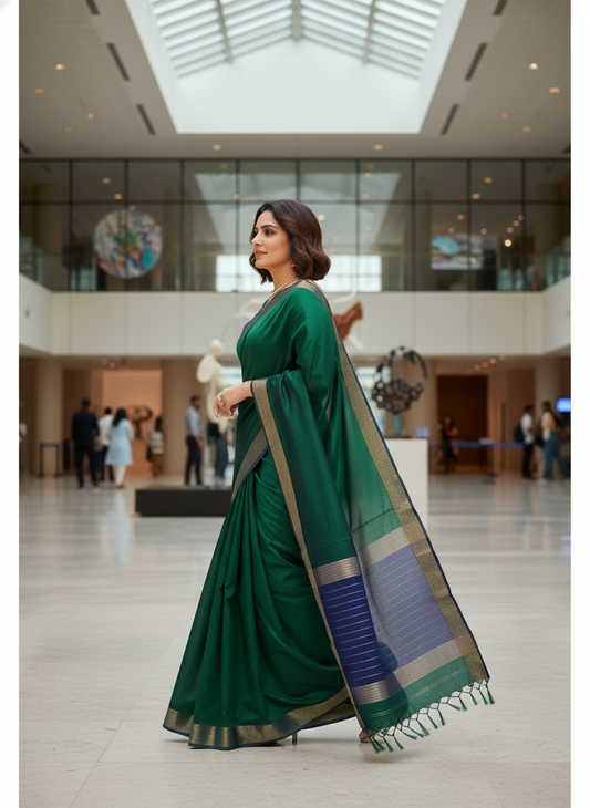 Maheshwari Handloom Saree!  - green - MAH01-00079-04