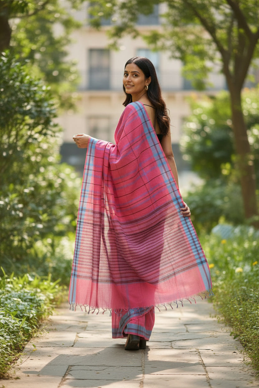 Handloom Linen Saree BEN01-00003-03-PNK